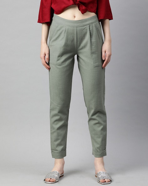 Buy LIYARA Womens Cotton Straight Fit Flex Solid Trouser Pant Dark Green  S at Amazonin