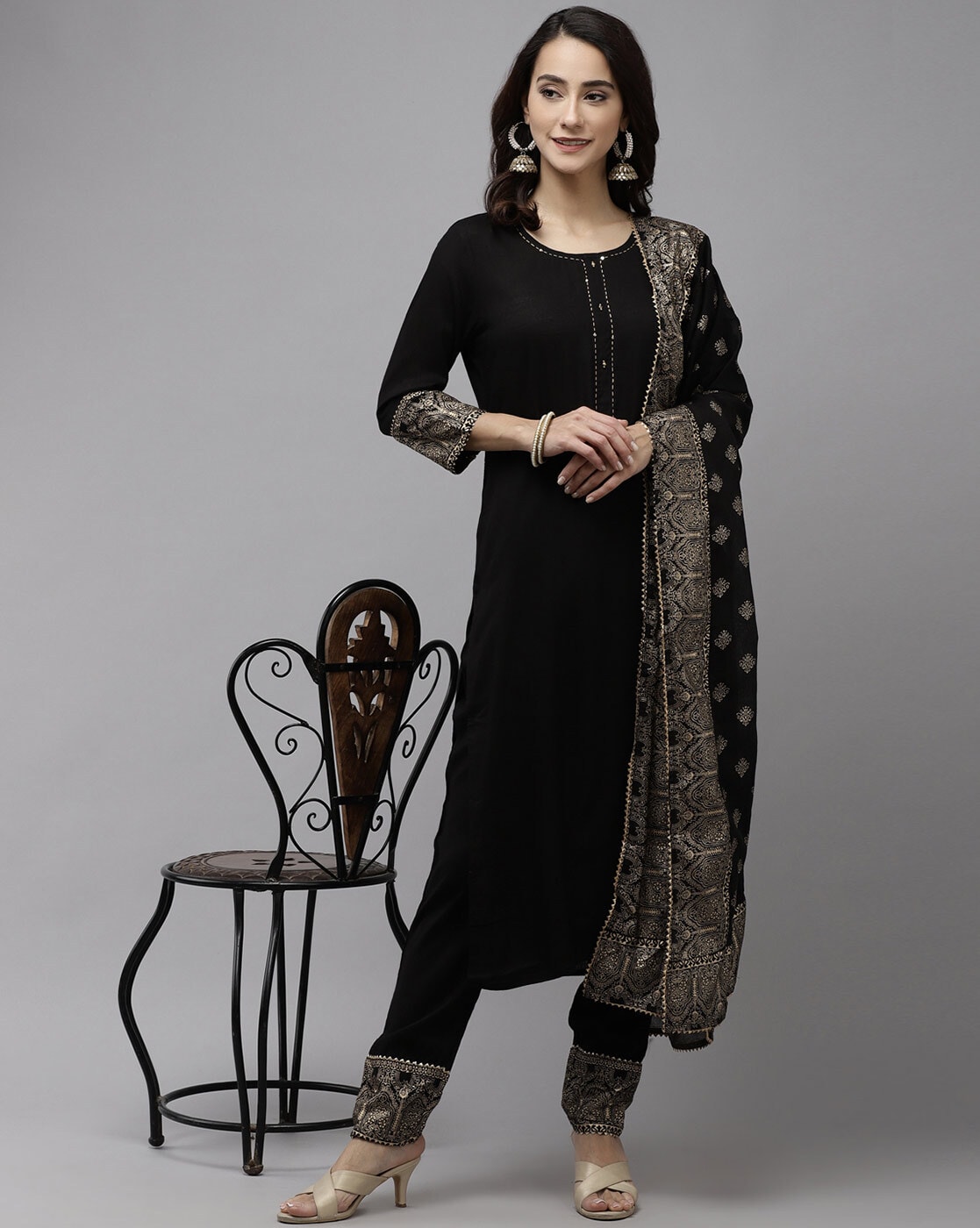 Solid Black Kurti Pant With Dupatta For Women/girls