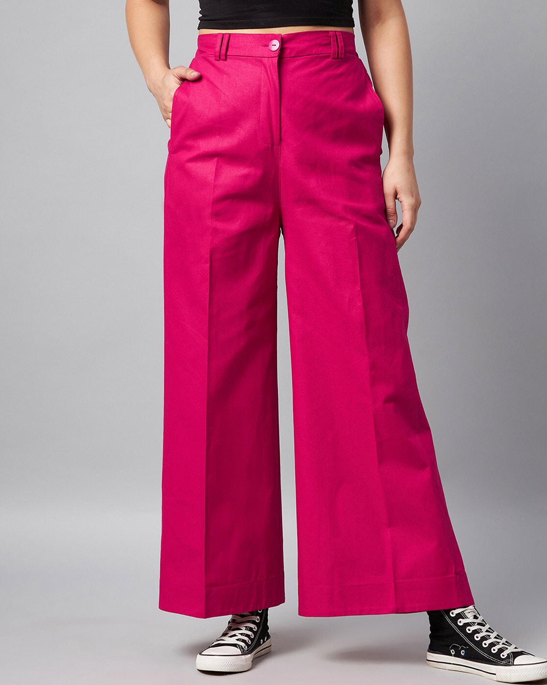 Hot Pink Plisse High Waisted Wide Leg Trousers  PrettyLittleThing