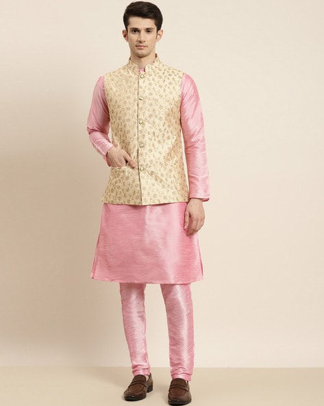 Buy Men Peach Color Ethnic Nehru Jacket with White Kurta Set