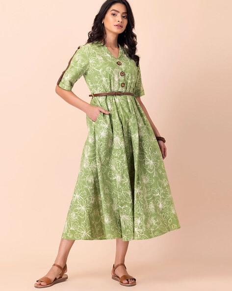 Floral Print A line Dress with Leather Belt