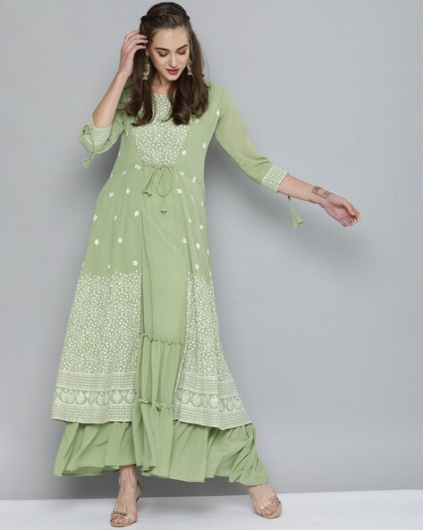 Pista Green Casual Wear Floral Embroidered Chanderi Dress Material