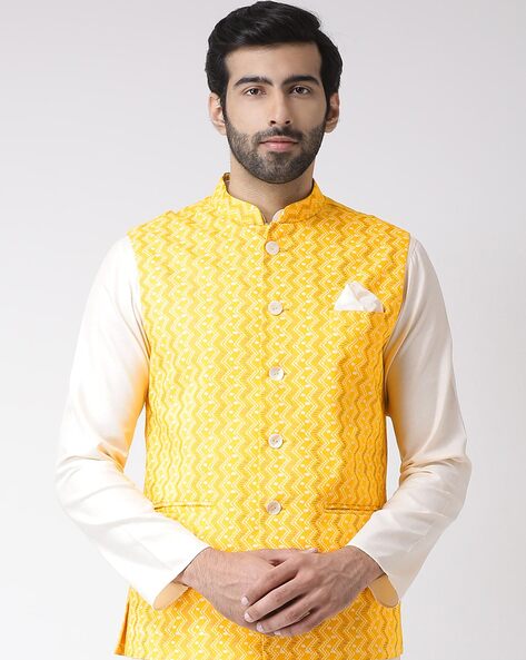 Lemon Yellow Thread Embroidered Nehru Jacket Set
