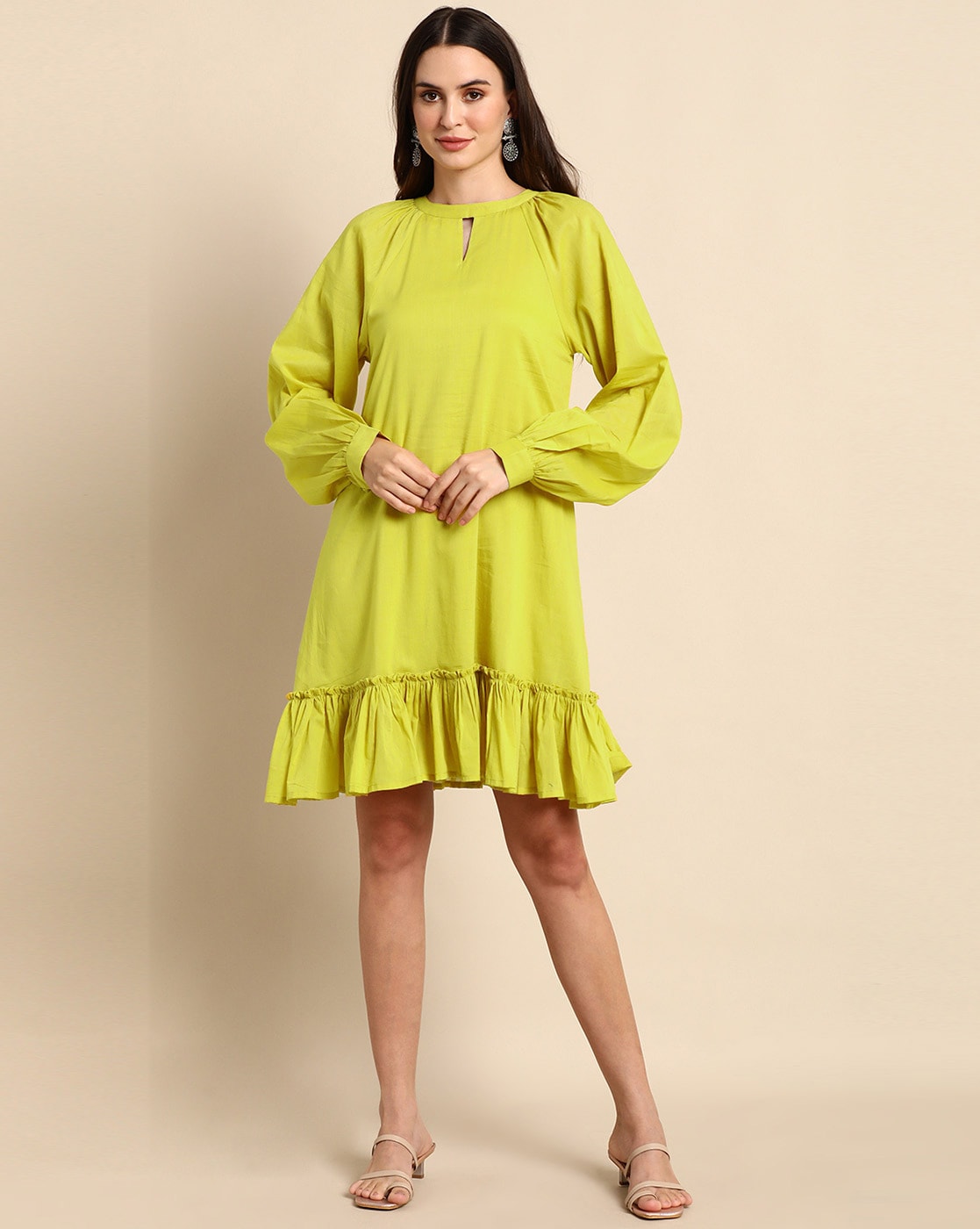 A-line hand block over-printed yellow kurta set with bell sleeves and –  Kora India