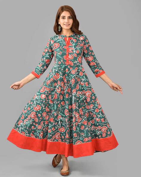 Hand Block Printed Cotton Long Dress | Buy Ajrakh Printed Dress Online