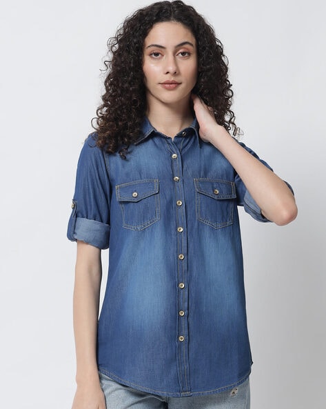 Washed Denim Shirt with Flap Pockets