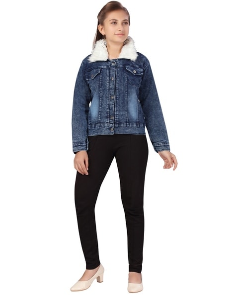 Girls fur lined denim on sale jacket