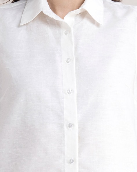 Fable Street Solid Sleeveless Shirt For Women (White, S)