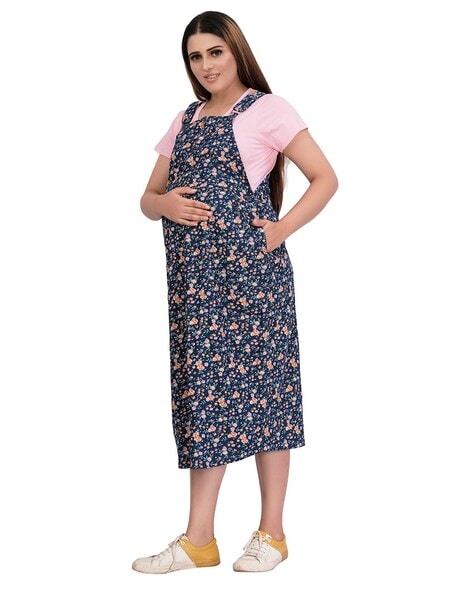 Buy Mom's Bee Womens Plain Maternity Midi Dress with Cotton Denim Fabric.  (X-Large, Dark Blue) at Amazon.in