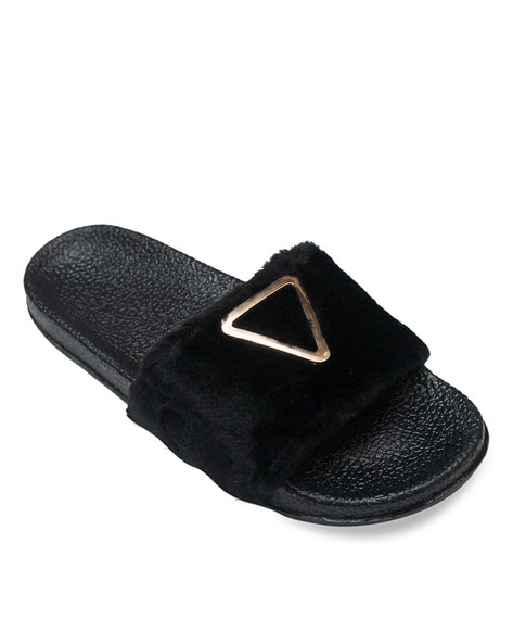 Fur Lined Slides with Metal Accent