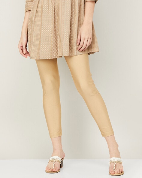 Go Colors beige cotton fabric ankal length leggings - G3-WLJ0066
