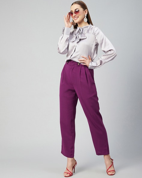 Purple Solid Tie-Up Trousers For Women – Zink London