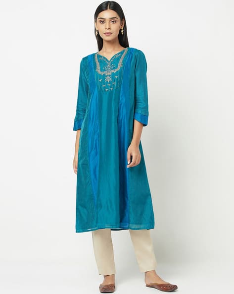 Fabindia Cotton Silk Zari Striped Long Kurta
