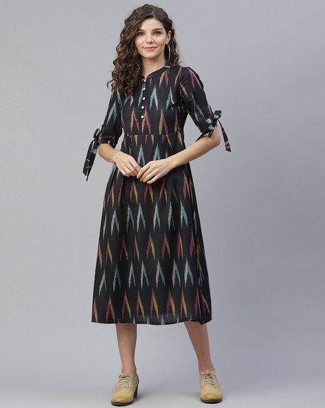 Ikat Tie Neck Tiered Swing Dress