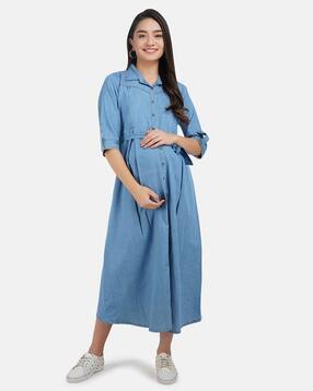 Solid Denim Maternity Dress With Feeding Pocket -image-11