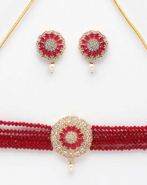 ZENEME Gold-Toned Kundan Choker Necklace Set With Earrings