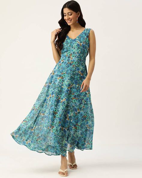 Blue printed up down maxi dress - ALOFI - Women Designer Dresses