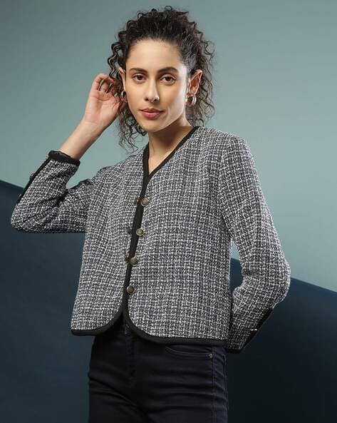 Waistcoats Black And White Check Blazer Womens Single-breasted