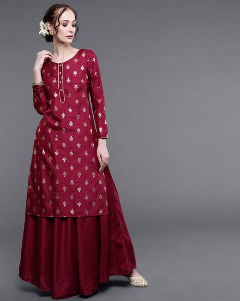 Crimson Red Kurta Skirt Set Design by Taro at Modvey | Modvey