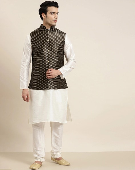 Readymade White Kurta Pajama With Brown Jacket 823MW02