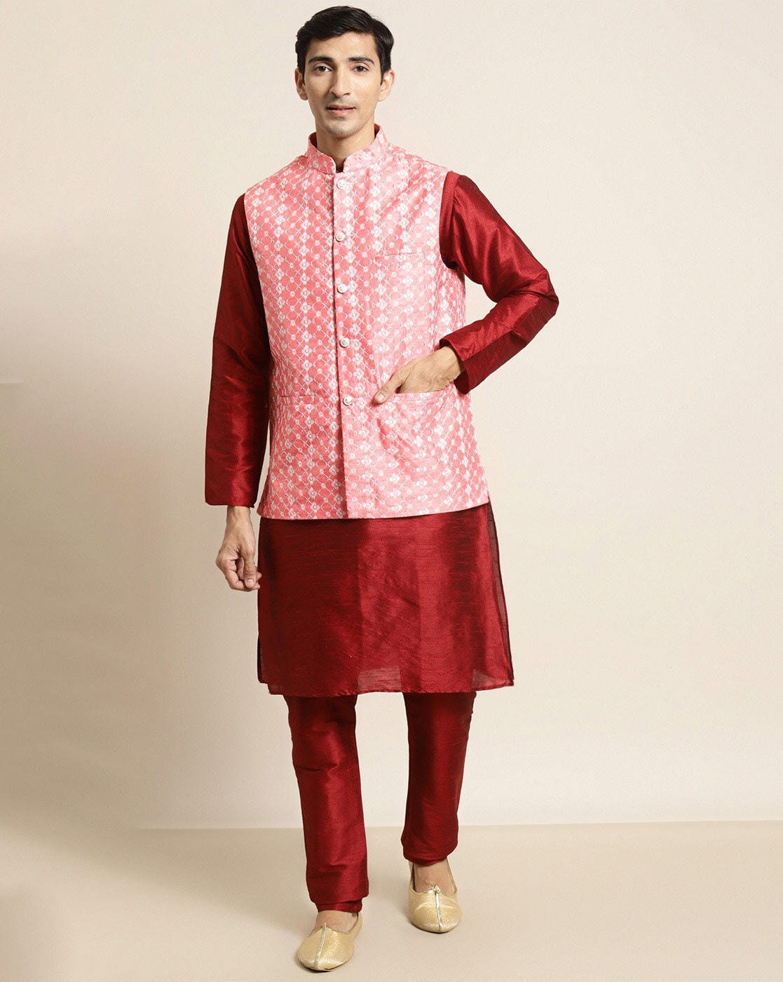 Cotton Kurta Pajama with Nehru Jacket White & Purple –  folkcultureclothing