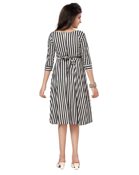Black & White Striped A-line Dress Size L - Jhanvi Fashions