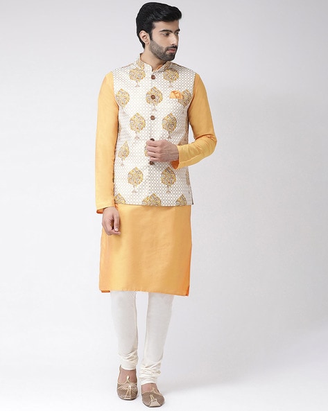 Buy Yellow Russian Silk Embroidered Thread Floral Nehru Jacket And Kurta  Set For Men by Studio Bagechaa Online at Aza Fashions.