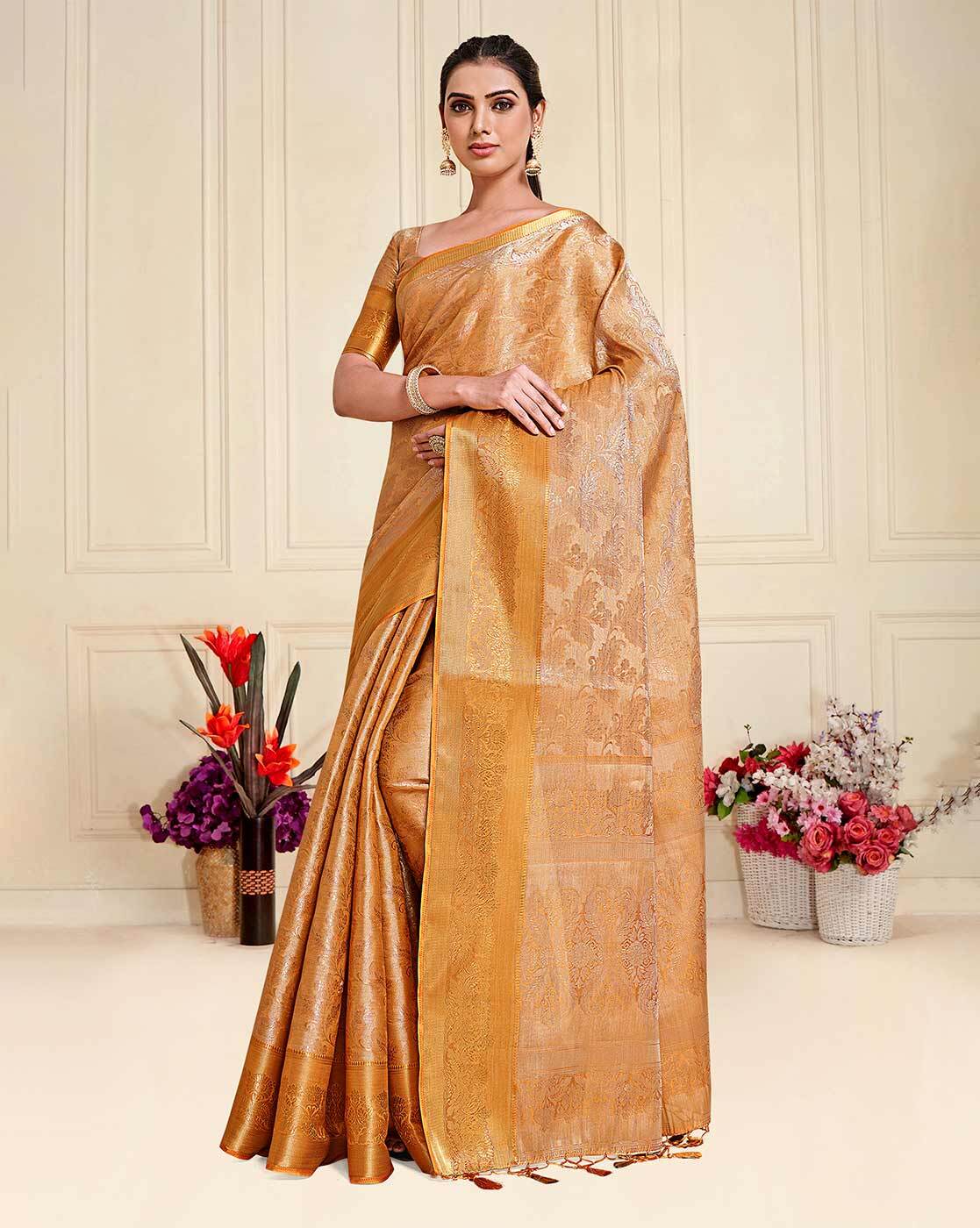 Off-white Gold Zari Georgette Saree | House of Vardha