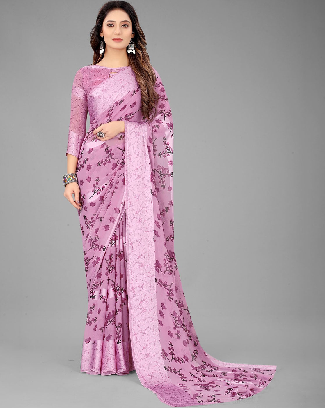 Satrani Purple Floral Print Saree With Unstitched Blouse