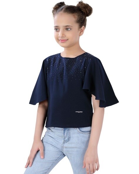Girls embellished casual round neck top 10-11Y / Grey