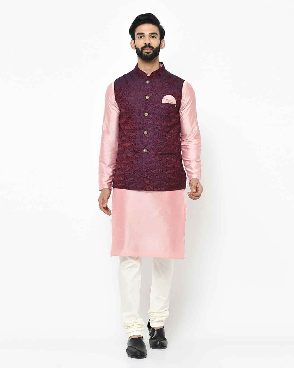 Maroon printed nehru jacket by Armen | The Secret Label