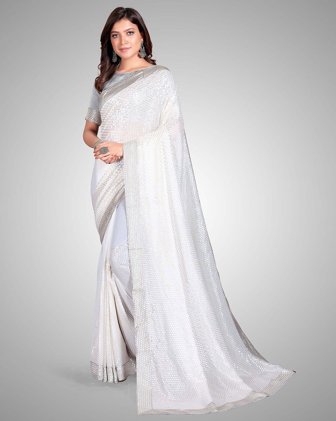 Handloom white Chanderi silk saree with gold & silver Zari