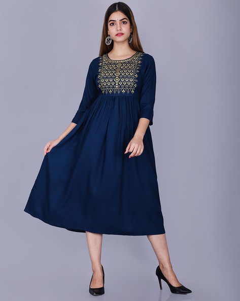 Navy Blue Printed Satin Midi Dress