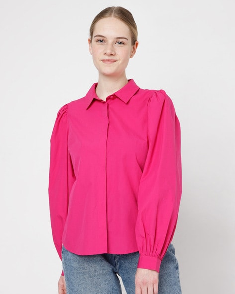 Pink puff sleeve shirt hot sale