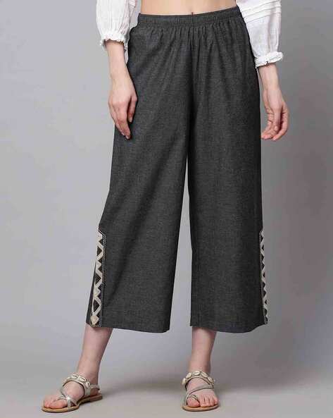 Grey Cotton Embroidered Stretchable Pants