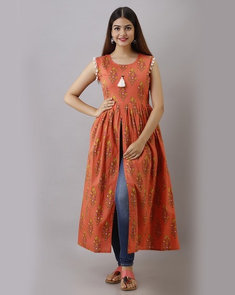 Orange Silk Kurti & Straight Pant Salwar Suit Set with Dupatta | VIVA-LUXE