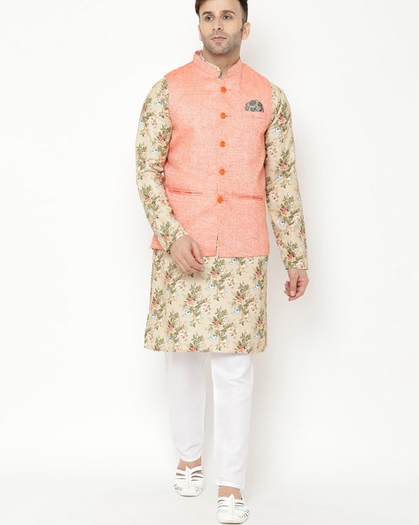 Buy Art Dupion Silk Printed Kurta Payjama With Jacket in Orange Online