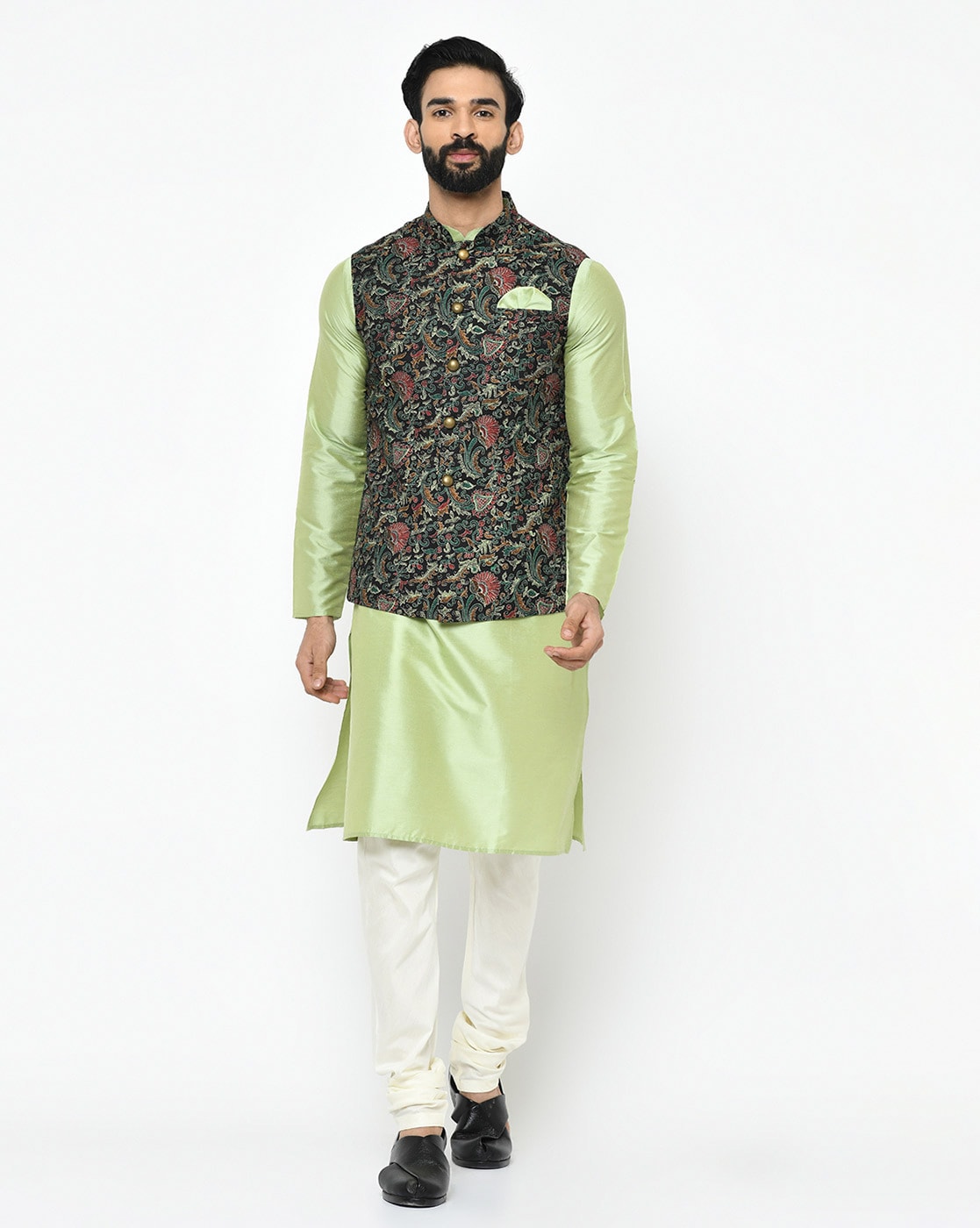 Buy Benstoke Men Gold Kurta with Pyjama & Sea Green Self Design Jacket (Set  of 3) online