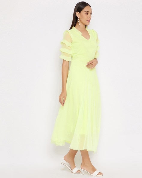  Dresses for Women - Ruffle Trim Slit Hem Pencil Dress (Color :  Yellow, Size : Large) : Clothing, Shoes & Jewelry