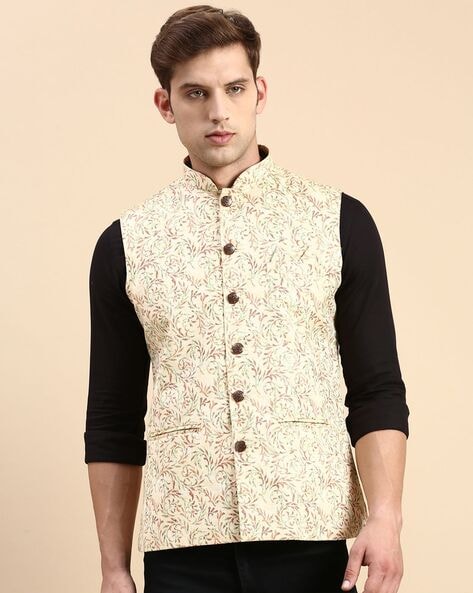 Attractive Cream And Blue Nehru Jacket Set