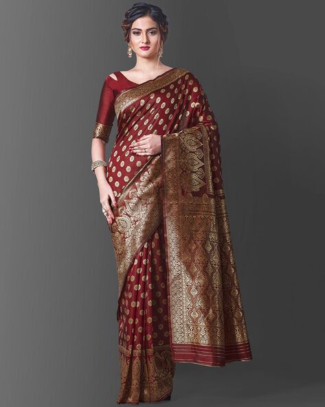 Stone Grey & Maroon Soft Silk Saree With Embroidered Blouse – Shaaola