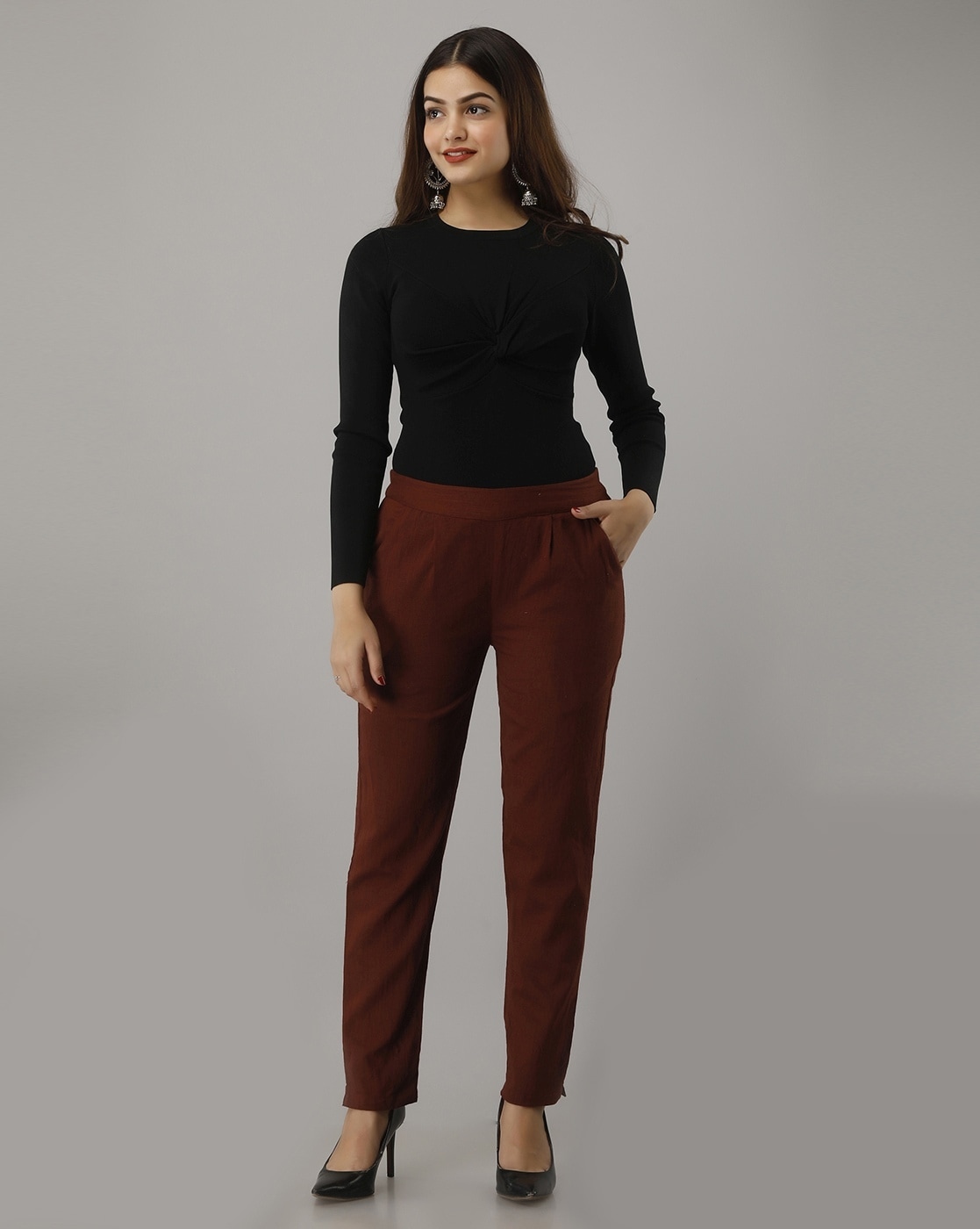 Popwings Casual Chocolate Brown Solid Self Design Relaxed Trousers For Women  at Rs 210/piece in New Delhi