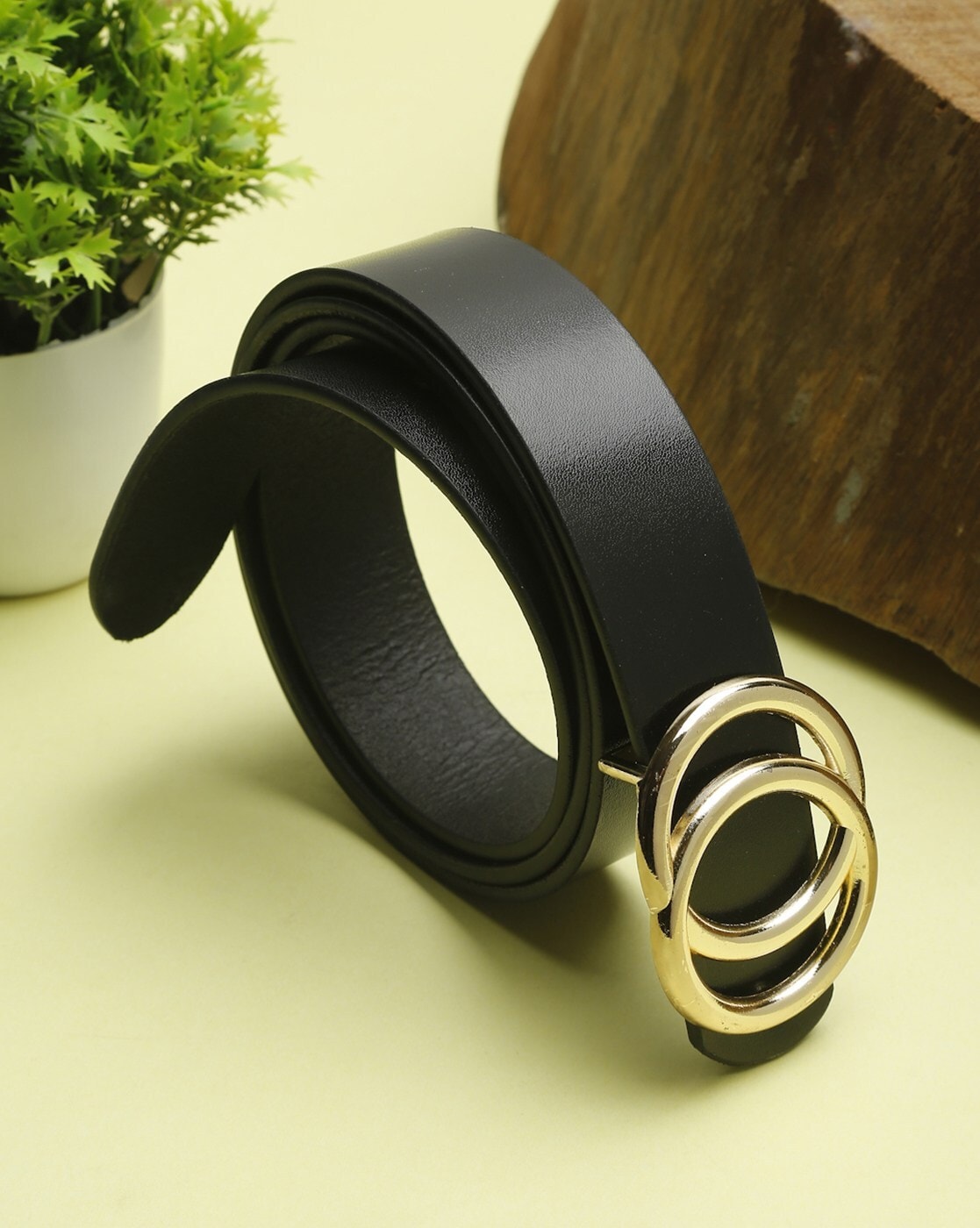 Teakwood Genuine Black Leather Belt Round Shape Black Tone Buckle