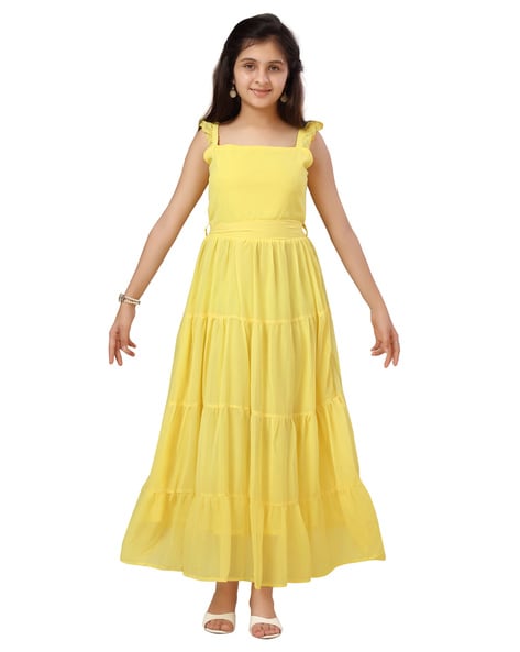 Yellow Ladies Printed Jaipuri Anarkali Gown