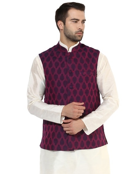 Blue Geometric nehru jacket by Armen | The Secret Label