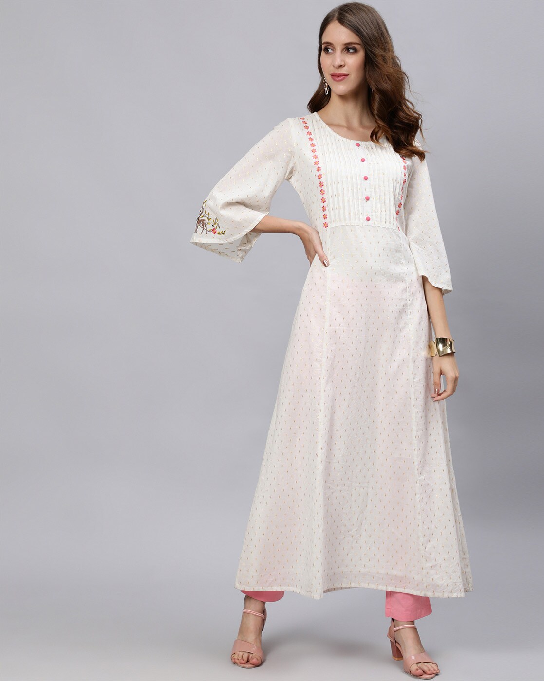 Women Cotton Embroidered Mandarin Collar Straight Cut Off White Kurti