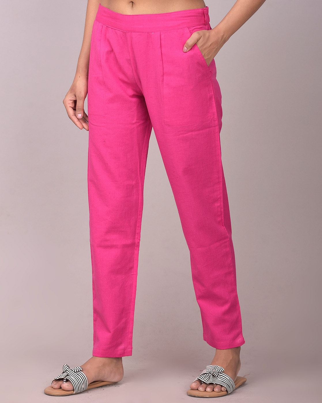 Flamingo Pink Cotton Straight Pants  TJORI