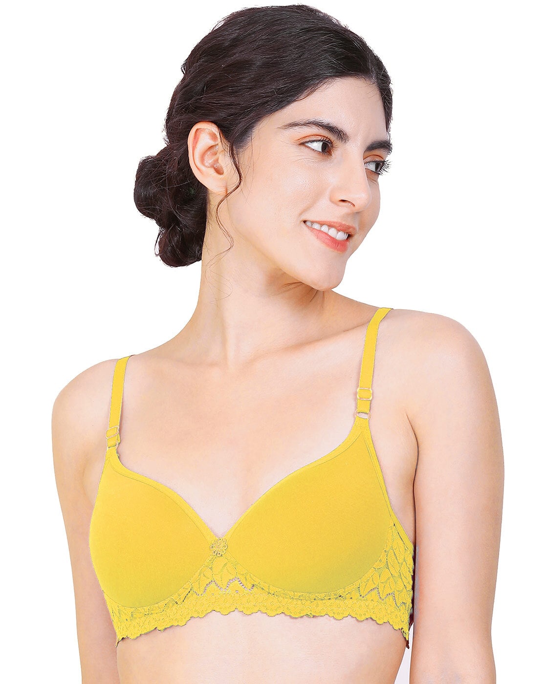 1pc Women's Yellow Lace Border Thickened Bra With Push Up