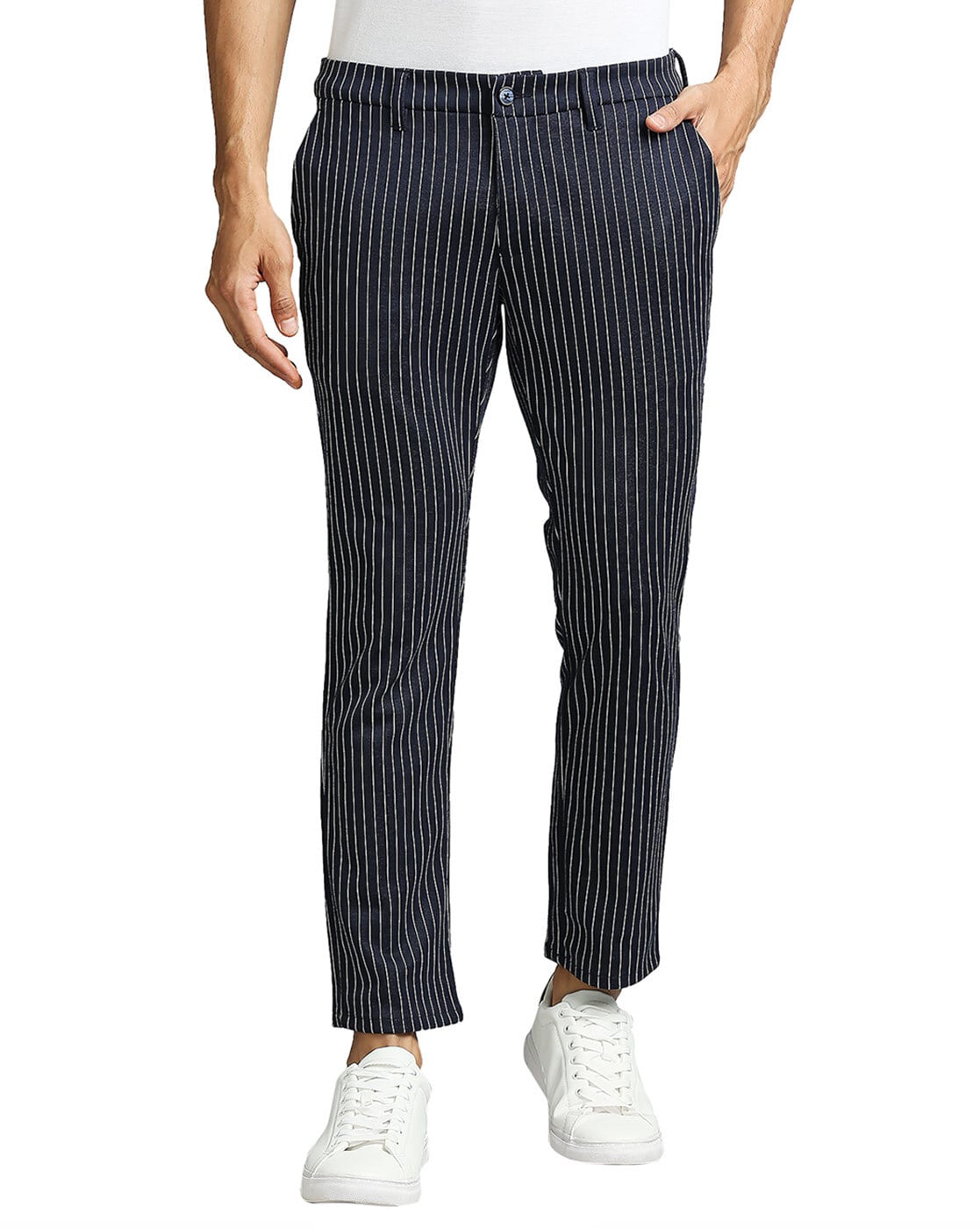 Elegant pants for men, Green with stripes, Slim Fit and Tapered - PN667