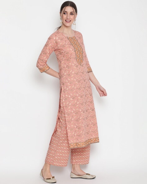 Women Rayon Straight Golden Foil Printed Kurta with Palazzo || Kurti with  Palazzo Set for Casual Party Festival Wear in Round Neck with 3/4 Sleeve  for Girls | gintaa.com